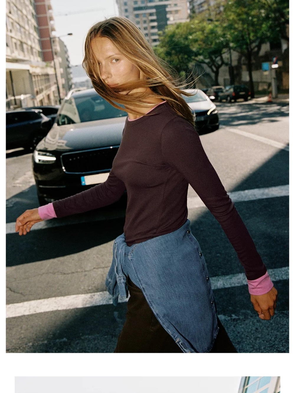 Zara Brow Crewneck Sweater with Pink Contrast Trim